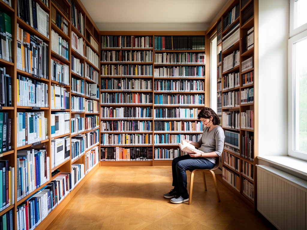 Svetla, prostrana biblioteka sa visokim policama punim knjiga i naučnih časopisa, na kojima sedi osoba i mirno čita u prirodnoj dnevnoj svetlosti, simbolizujući znanje i istraživanje