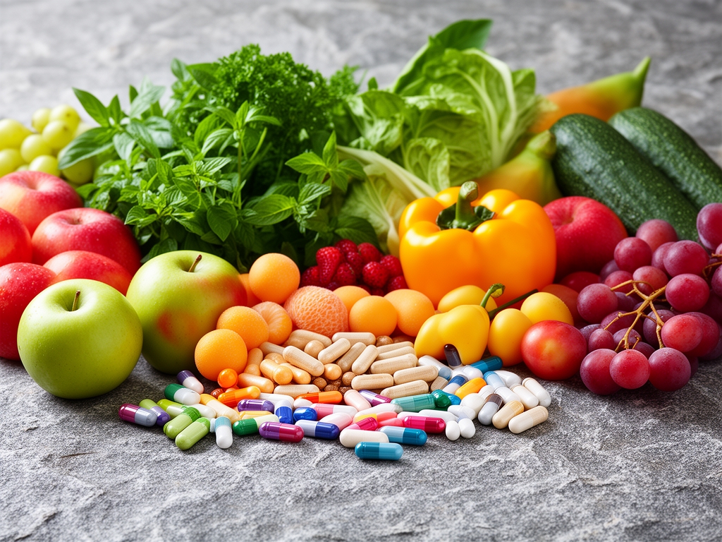 Raznovrsno svježe voće i povrće sa vitaminskim kapsulama i biljnim ekstraktima na kamenoj površini, prikaz prirodnih izvora nutrijenata