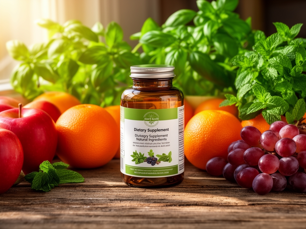 Staklena bočica dijetetskog suplementa sa prirodnim sastojcima na drvenom stolu pored svežeg voća i zelenih biljaka, u toploj prirodnoj svetlosti